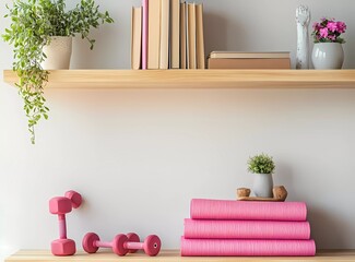 
A light wooden bookshelf with books, dumbbells, and a yoga mat on the wall in a modern home interior background. Handmade pink sports equipment for fitness, sports, or swimming class concepts. Flat l