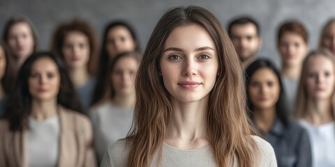 Obraz premium Confident Young Woman Leading a Diverse Group of People in a Modern Setting