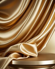 Elegant golden satin fabric draped over a classical pedestal with luxurious folds and smooth texture, creating a sophisticated and opulent composition with a rich metallic sheen
