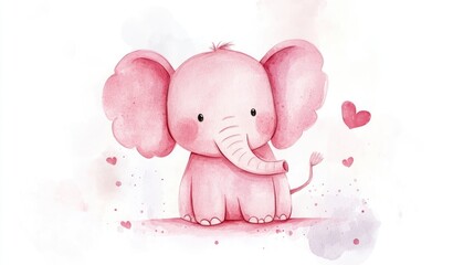 An adorable pink watercolor illustration of a cartoon baby elephant