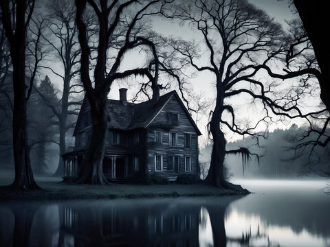 Dark view of old abandoned wooden house on the bank of a lake.