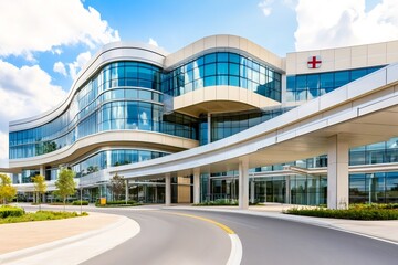 Obraz premium Modern hospital building with curved driveway on sunny day