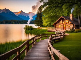 View of a small beautiful wooden house with a pedestrial bridge at the front on the bank of a lake in the evening.