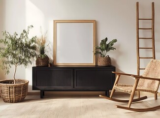 A minimalist Scandinavian-style living room interior with an empty wooden frame mockup on the wall, a contemporary black sideboard, plants in wicker baskets, a bamboo ladder, a rocking chair, and a be