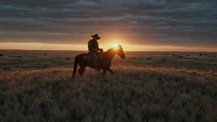 Silhouette of a cowboy on horseback at sunset, captured from a low angle. The video evokes a serene, cinematic Western landscape scene. - Powered by Adobe