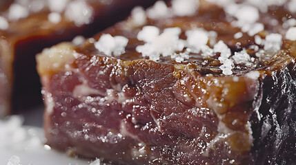 Close-Up Shot of A5 Wagyu Beef with Beautiful Marbling and Sea Salt on Plate