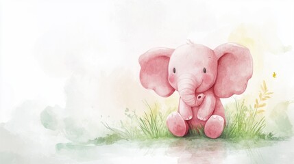 Adorable Pink Elephant Cartoon Sitting Comfortably On Green Grass