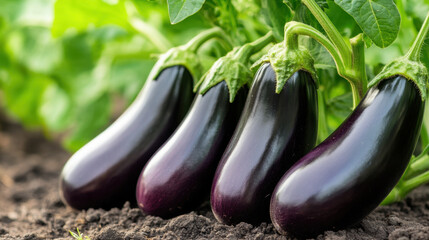 Fresh eggplants growing in garden, showcasing their vibrant purple color and healthy leaves. These vegetables are rich in nutrients and perfect for various dishes