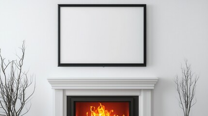 Fototapeta premium Cozy Living Room with Blank Frame and Flickering Fireplace