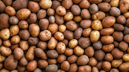 Fresh potatoes in various shapes and colors, showcasing their natural textures and earthy tones, perfect for culinary uses or agricultural themes