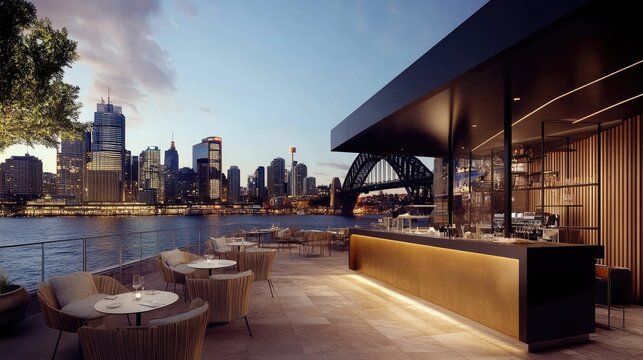 A trendy rooftop restaurant cashier counter with stunning city views and a sleek design.
