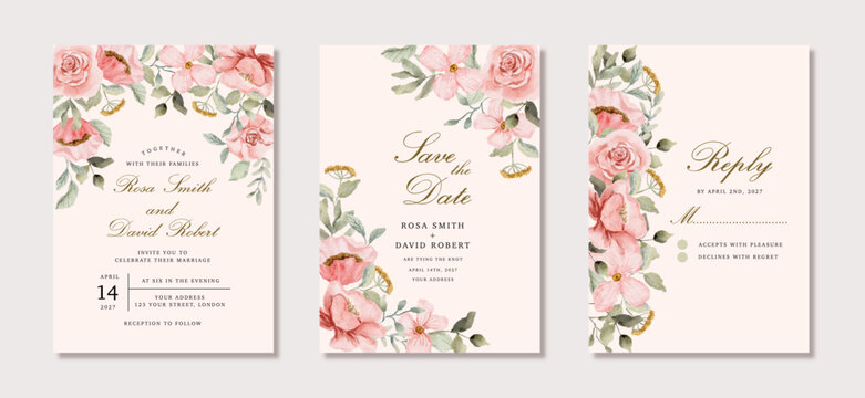 wedding invitation set with delicate pink floral watercolor border
