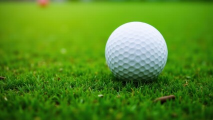 Naklejka premium A white golf ball sits on a lush green grass field, showcasing its dimpled texture.