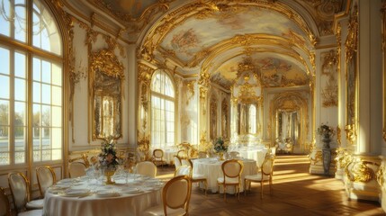 Beautifully decorated dining hall with mirrors creating depth and a luxurious ambiance.