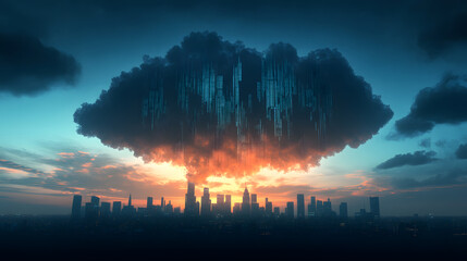 A conceptual image of a massive data cloud forming above a futuristic city skyline, representing artificial intelligence and machine learning computations. The cloud is filled with flowing streams of
