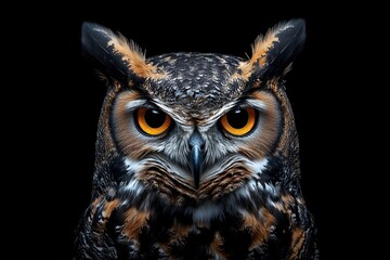 Majestic Great Horned Owl Portrait with Striking Eyes and Detailed Feather Patterns