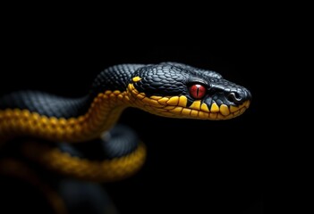 Fototapeta premium Striking View of a Black and Yellow Snake With Bright Red Eyes