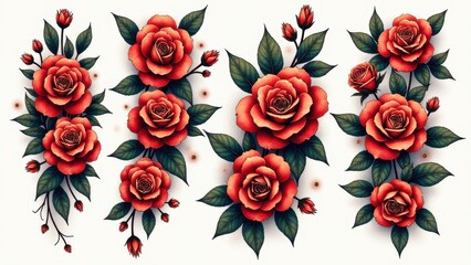 A vibrant half sleeve tattoo pattern featuring detailed red roses with green leaves, arranged in a vertical layout.