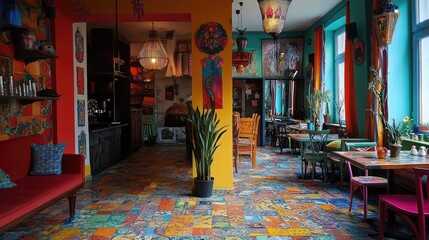 Bohemian-style caf with colorful tiles, eclectic decor, and bright, welcoming lights.