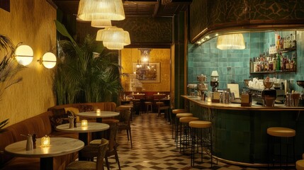 Boutique caf space with chic furniture, small round tables, and warm tones.