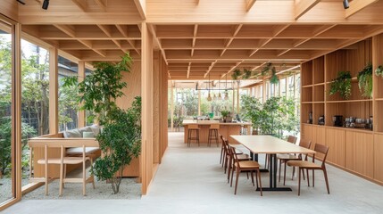 Obraz premium Bright vegan caf with an eco-friendly entrance, wooden decor, and fresh plants.