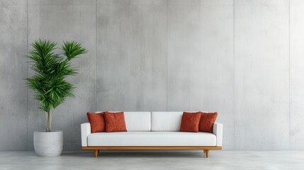 Modern Living Room with White Sofa and Decorative Green Plant