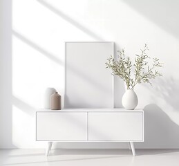 White wall background with a white cabinet and olive branches in a vase on the right side, a minimalistic interior design concept, a mockup template, a stock photo. 