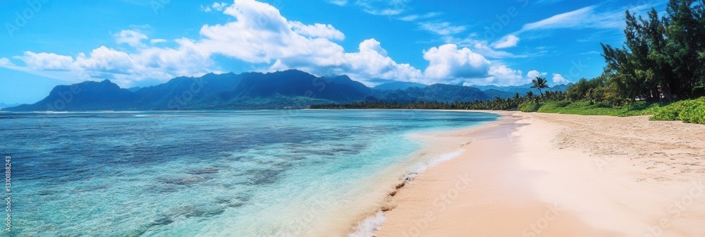 Aufkleber serene tropical beach with clear blue water and lush green mountains in the background during a sunn