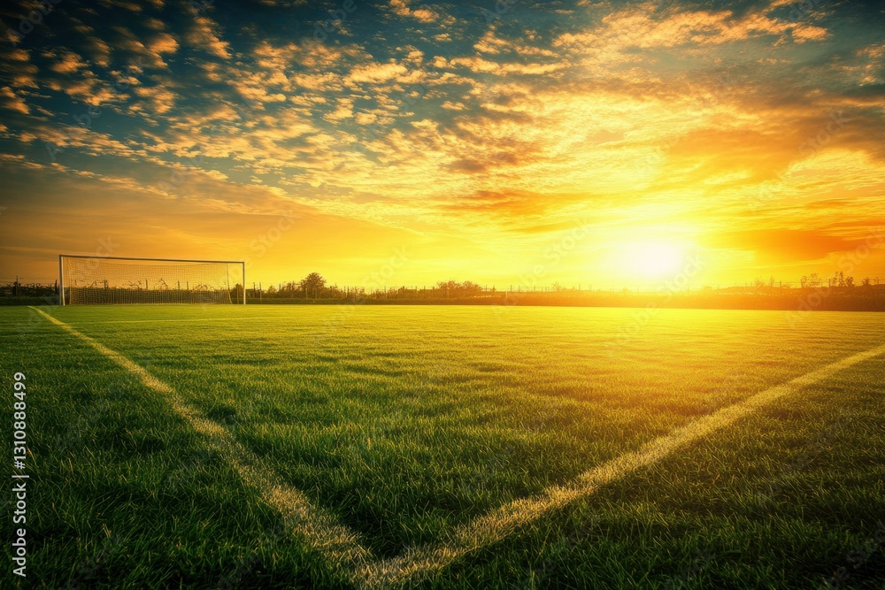 Poster golden sunlight illuminates a soccer field at sunrise with long shadows and serene cloud patterns ge