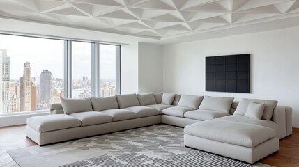 Fototapeta premium Modern minimalist living room with city skyline view and sofa