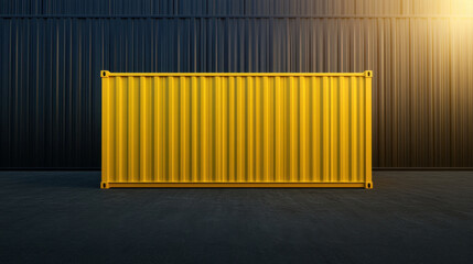 bright yellow shipping container stands prominently against dark background, showcasing its industrial design and vibrant color. contrast creates striking visual impact