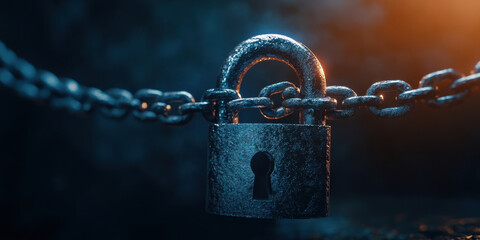 close up of metallic padlock secured by chain, symbolizing security and protection. dark background enhances focus on lock, creating dramatic effect