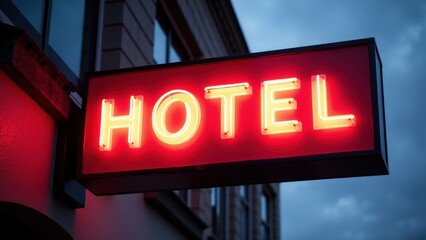 Neon hotel sign glowing brightly against a building facade in the evening.
