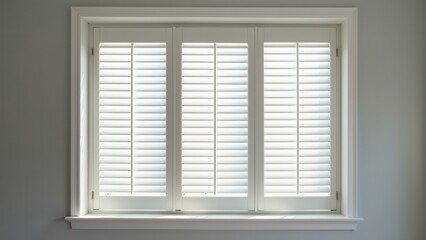 Fototapeta premium A jalousie window louver with white shutters closed, framed by white trim against a light gray wall.