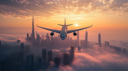 Airplane landing Dubai sunrise cityscape