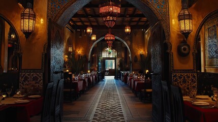 Exotic Moroccan-style restaurant with intricate patterns, lanterns, and an inviting open entrance.