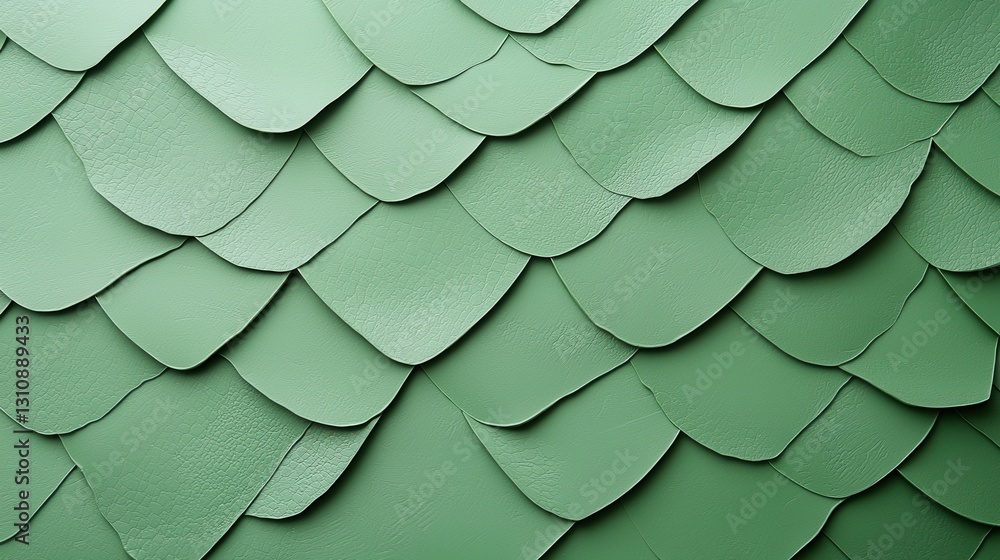 Poster close-up of green overlapping roof tiles creating a textured pattern, showcasing architectural desig
