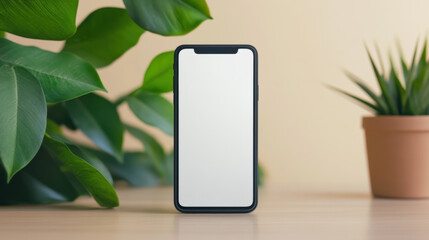 modern smartphone stands upright on wooden surface, surrounded by lush green plants, creating fresh and vibrant atmosphere. blank screen invites creativity and personalization