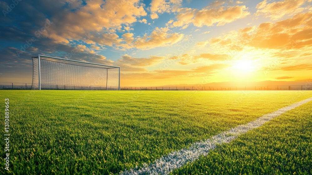 Aufkleber wide angle view of a soccer field at sunrise with golden sunlight casting long shadows generative ai