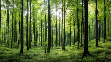 Fototapeta premium Sunlight filtering through trees in green forest