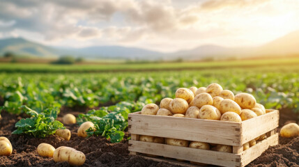 Fresh potatoes in wooden crate on farm field, surrounded by green plants and mountains in background, illuminated by warm sunlight