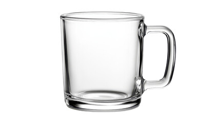 A clear glass mug with a handle, featuring a simple and modern design.