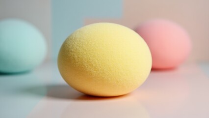 A close-up of a yellow konjac sponge with a blurred background featuring a blue and pink sponge.