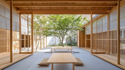 Japanese-inspired caf with minimalist wooden tables and floor seating cushions.