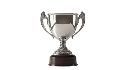 A detailed silver trophy with ornate handles and a wooden base, symbolizing achievement and victory.