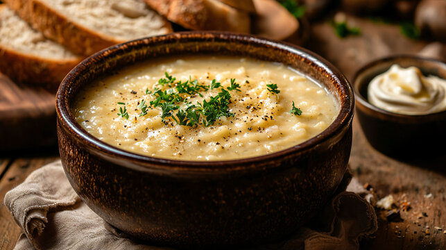 Classic Cheese and Potato Soup Garnished with Fresh Herbs