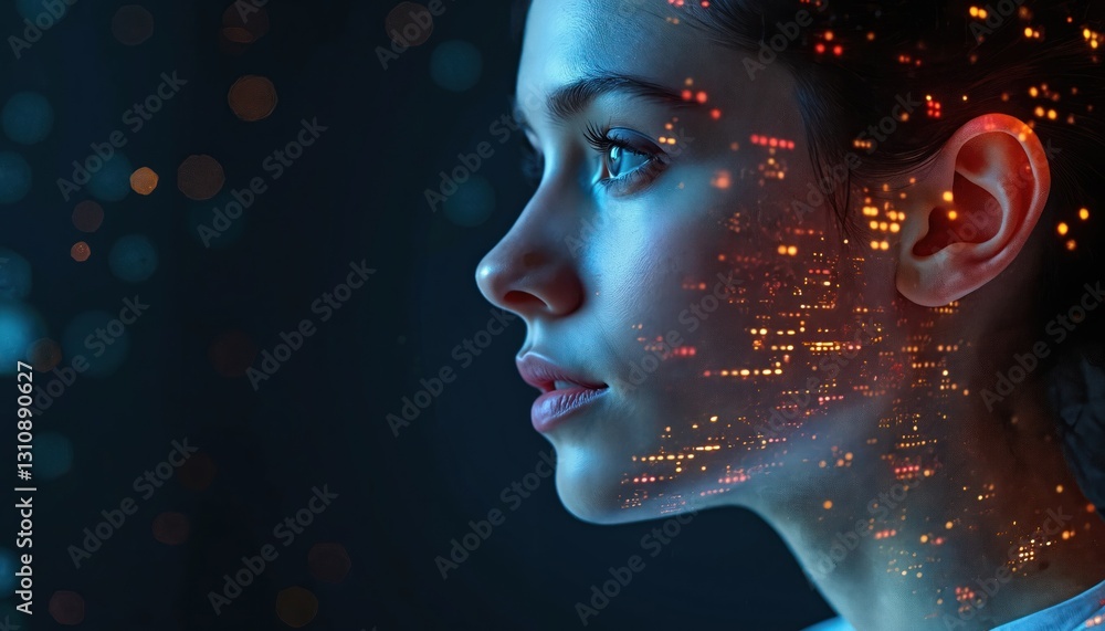 Leinwandbilder Profile of young woman with digital interface projection. AI system, neural network face recognition tech. Concept of human, artificial intelligence interaction, digital future. Biometric data