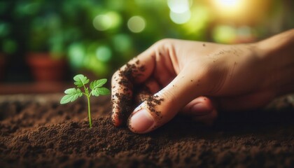 Planting a seedling in garden soil indoor environment close-up view growth concept