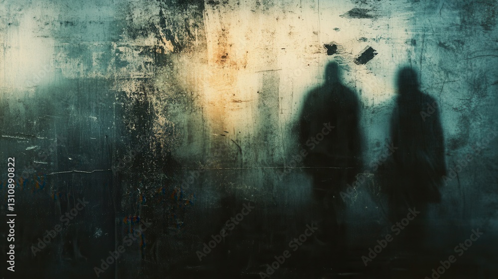 Poster Exploration of fear in dark tones with blurred shadows and mysterious silhouettes at dusk Generative AI
