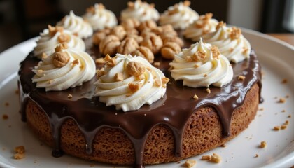 Delicious chocolate cake with whipped cream and nuts bakery food photography cozy environment close-up dessert delight
